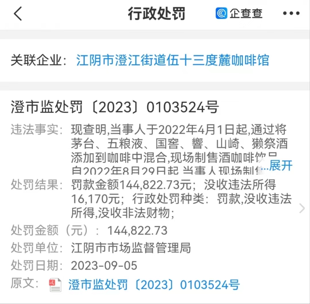 用茅台、五粮液等自制咖啡,商家被罚14万元!